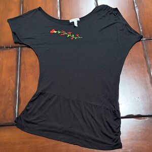 Ambiance Apparel Black Top with Hand Embroidered Red Floral Design